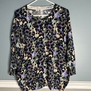 WD NY Woman 1X Leopard Print Button Front Cardigan‎ Sweater Purple Green Beige